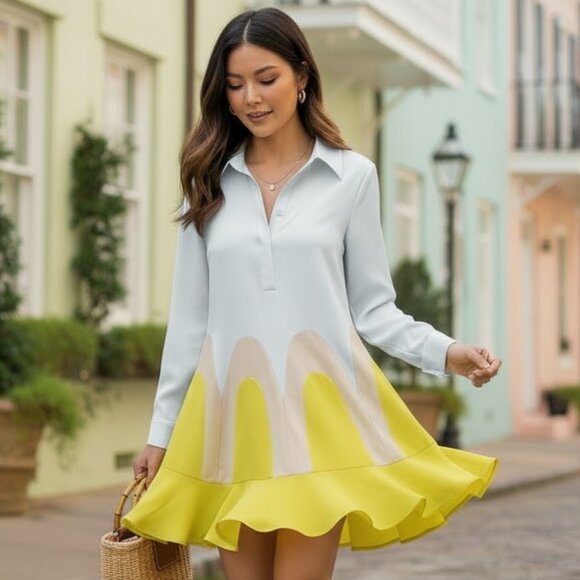 Tuckernuck Dresses & Skirts - Tuckernuck Nadia Flounce Mini Dress Canary Yellow L NWT Long Sleeves Shirt Dress